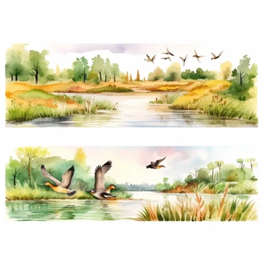 watercolor hunting scene in forest or fields with lake in vicinity where duck flocks take off in numbers , illustrations clipart set, simple, , cartoon elements ,different variants , natural elements, separate elements with a margin, ,4k, high resolution, , natural colors, vibrant green tones, birds and ducks
