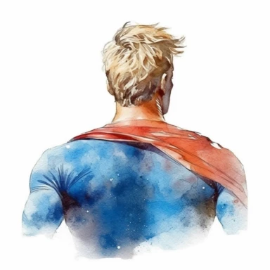 watercolor clipart of super hero man with blonde hair seen from behind