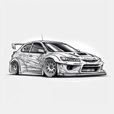 rally car, look like honda, line art, coloring page, printable, thin lines, no details, no shadow, crisp lines, illustration, vector, clipart