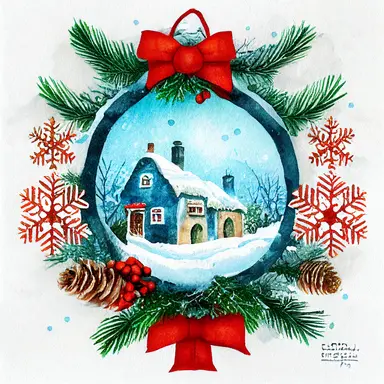 christmas, cute English country cottage, symmetrical, winter, snow, watercolor, clipart