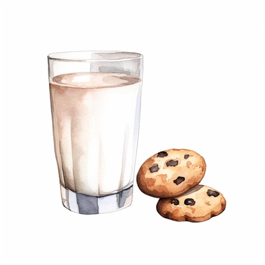 one Glass of milk vs cookies Watercolor clipart on a white background, cookies and free commercial use, hyperrealistic compositions, environmental awareness, dark white and dark bronze, text and emoji installations, textured illustrations, luminous watercolors , no watermark, text, words, paintbrush, 300 DPI, typography, the images do not stick together, no text in the picture, no text in the picture