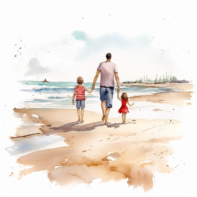 father walking on beach with children clipart, watercolour, high definition, white background