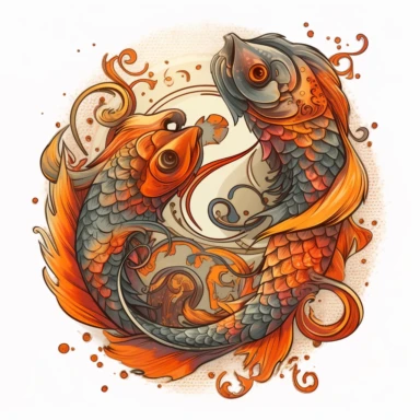 old style fire pisces zodiac, vector design illustration, in the style of detailed heavy metal embroidery, hand-painted details, Horoscope Clipart, isolated white background