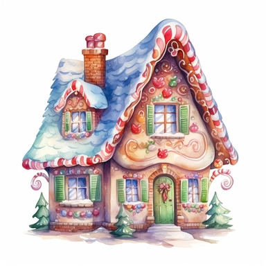 watercolor beautiful vintage Christmas gingerbread house candy house with icing fantasy clipart, whimsical, detailed watercolor style, on white background