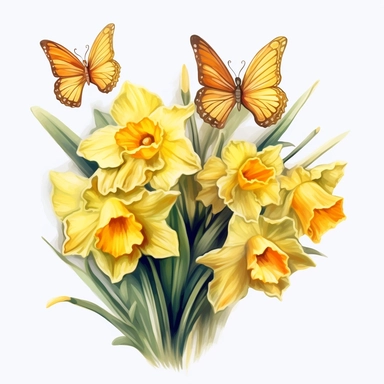 bouquet of yellow daffodil flowers with a butterfly, in the style of photo realistic and hyper-detailed watercolor painting, sketchfab, ahmed morsi, realistic watercolor paintings, use of common materials, handcrafted designs, clipart, yellow green with white background clipart