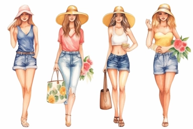 Summer Girl Watercolor Clipart Bundle concept, watercolor illustration white background for removing background