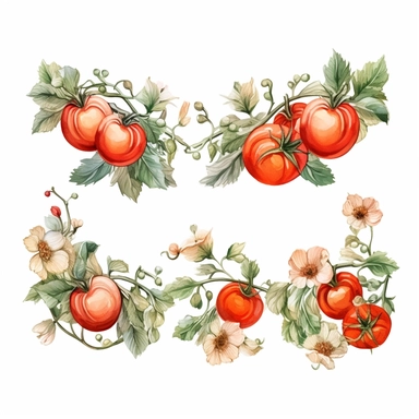Design a vintage - style, watercolor garland featuring tomatoes, basil, poppies, clipart elements, romantic aesthetic, hand - drawn in a watercolor style, himsical and charming, white background