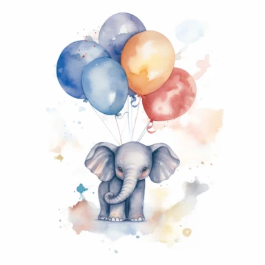 watercolour sketch clipart with a cute little baby elephant holding balloons on white background