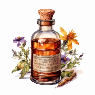 watercolor, hyper realistic, white background, white margins, 16k, ultra detailed clipart, cut out image, hand-drawn Use a warm and rich color scheme inspired by vintage medicine bottles, with shades of deep amber, antique brown, and subtle hints of gold.a small glass bottle with a dropper, labeled as a herbal tincture, with delicate illustrations of plants and flowers.
