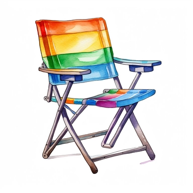 watercolor, Folding chair of a folding chair or camp chair. png Full body realistic cartoon in 32K UHD cute. 15 cm thick outline. Black color. There was no shadow on the ground. 8k with realistic watercolors and detailed illustrations. PNG clipart, transparent white background