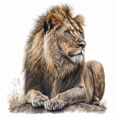 Hyper - realistic watercolor clipart of an African lion, the intricate details of their fur and the subtle variations in color rendered with remarkable precision, the pure white background