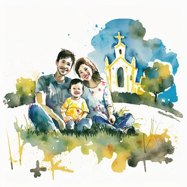 watercolor clipart, minimalist, isolated with white background, Happy Asian family mom, and dad smiling , and a child laughing sitting on the grass , primary color is yellow, blue and red, bright atmosphere, flat illustration, story telling, James jean, simple lines ,high resolution, church with a cross on top backgrounds