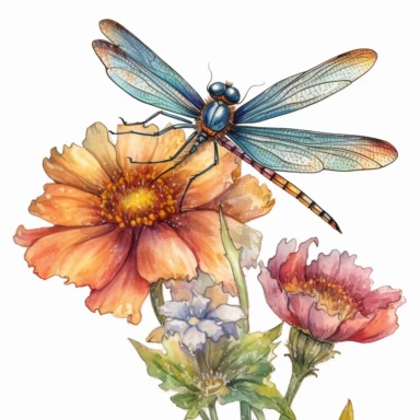artwork in the style of cicely mary barker, clipart, whimsical watercolour illustration of a cute dragonfly and flowers, very colourful, watercolor clipart, book cover illustration, hyper HD, white background