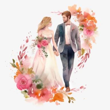realistic just married couple watercolor clipart single design, 8k