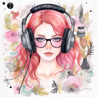 watercolor clipart with wihite background enchanting red haired girl with headphones and black sunglasses on with a beautiful background pastel pinks and black! a fantasy world of world of whimsy and wonder with these detailed and adorable is meticulously designed with charming features, vibrant colors, and intricate details that will captivate both children and adults alike