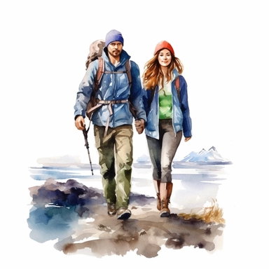 iceland, travel girl and man full figure, watercolor clipart white background
