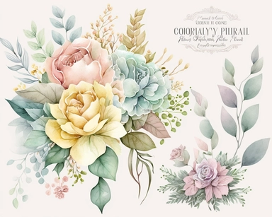 soft colorful pastel colored floral arrangement clipart, soft and subtle, colorful fairy pastel colors watercolor style, fawncore, pastel roses only, dreamy green and yellow pastel colors, muted pastel colors, plain white background, use of fabric, excellent depth of shading in soft watercolor style, watercolor artwork, plain white background for transparent editing