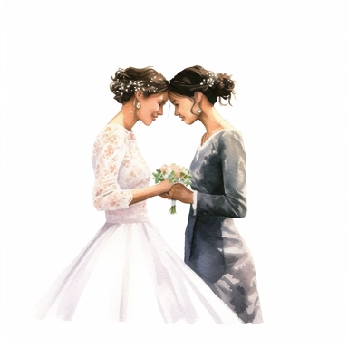 watercolor, hyper realistic, white background, white margins, 16k, ultra detailed clipart, cut out image, hand-drawn, whimsical celebration of love and commitment between two individuals of the same gender, wearing wedding attire, two brides