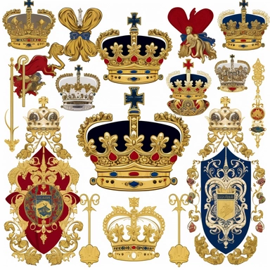 Design a royal clipart set to celebrate the coronation of King Charles, featuring a variety of elements such as the royal crown, scepter, orb, and a regal portrait of King Charles. The color palette should be rich and elegant, with gold, deep red, and roy
