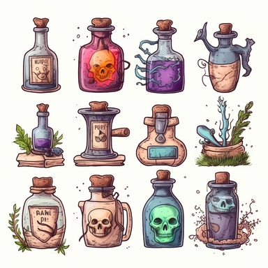 Witches inventory, witchcraft, labels, flasks, elixir, illustrated clipart, minimalist, isolated white background, 8k