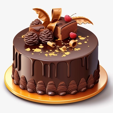 Design a realistic clipart image of a chocolate birthday cake. Depict the cake with smooth ganache, chocolate shavings, and decorative chocolate accents.