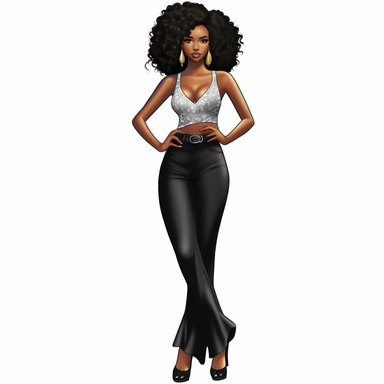 Create clipart featuring white background a full-body black girl runway pose, of a beautiful,designers clothing