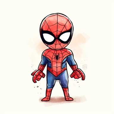 spider man, hand drawn, watercolor, clipart, cute flat cartoon illustration, bright colours, simple, on isolated background, sticker design, white outline