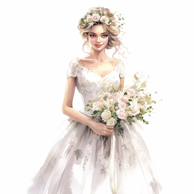 beautiful watercolor fun, happy and cute photorealistic stylish, smiling bride in white wedding dress and tiara beautiful, whole body, decorated in big pastel and light colors flowers in the style of aquarelist, wedding illustrations award winner, wedding clipart, 8k, white background, intricate details illustrations very detailed, uhd exquisite clothing detail, rimel neffati