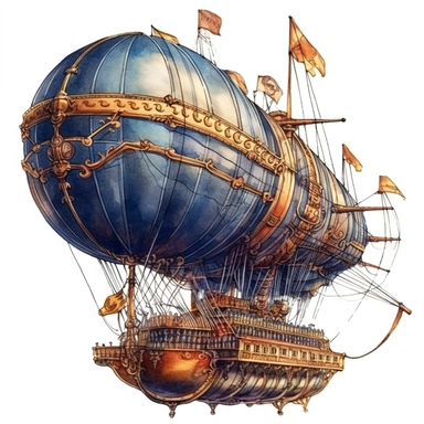 steampunk airship image, steampunk, intense colors, luxurious, victorian, clipart, watercolour, navy blue watercolor, white background, detailed