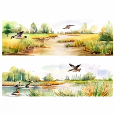 watercolor hunting scene in forest or fields with lake in vicinity where duck flocks take off in numbers , illustrations clipart set, simple, , cartoon elements ,different variants , natural elements, separate elements with a margin, ,4k, high resolution,