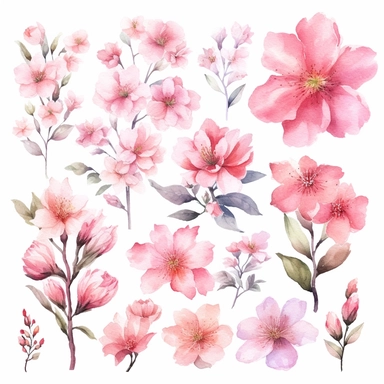 Enchanting watercolor clipart set featuring pink flower blossoms, each captured from a different angle, framed with soft and flowing brushstrokes, as if the flowers themselves are a gentle symphony, whispering melodies of love, joy, and the beauty of life, clipart on a white backdrop.