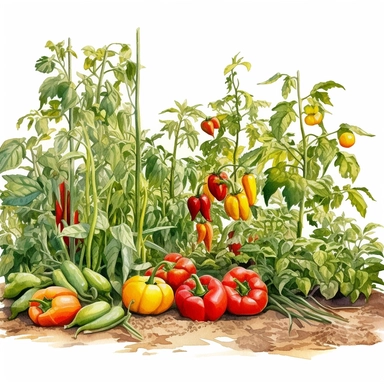watercolor, hyper realistic, white background, white margins, 16k, ultra detailed clipart, cut out image, hand-drawn a well-tended vegetable patch in the summer garden, with ripe tomatoes, green beans, and colorful peppers, pastel color