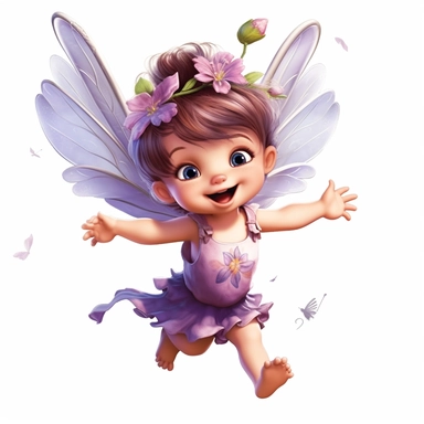 a beautiful happy baby fairy girl, purple flowered dress, blue eyes, highly detailed image, full body image, big wings, pixar style, clipart, white background,