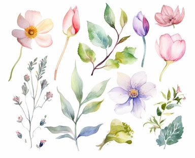 watercolor flower clip art for april, in the style of dreamlike composition, white background, ethereal foliage, show only one foliage, luxurious fabrics, pictorial dreams, use of bright colors, poetic pastoral scenes