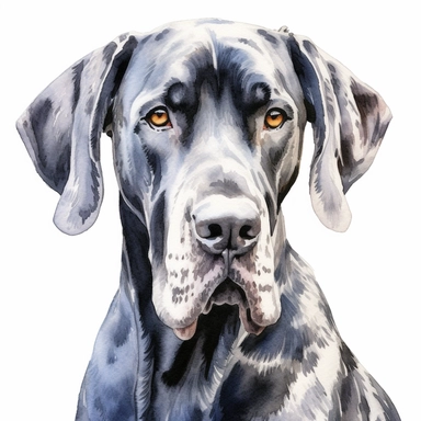 close up realistic high detailed, Hand drawn watercolor clipart of a Great Dane, on a pure white background for background removal, no shadow, no paint splash