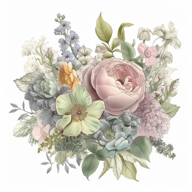 detailed floral clipart featuring an assortment of soft pastel flowers and soft green foliage arranged in an elegant bouquet, wedding style, on a white background, the composition should highlight the delicate petals, intricate patterns, and unique shapes of the individual flowers. Capture the essence of a flourishing garden with a harmonious blend of colors and a variety of floral elements, including roses, tulips, daisies, and wildflowers. Present the clipart on a transparent background, allow