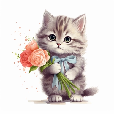 a cute cat holding beautiful flower clipart 300 dpi white background