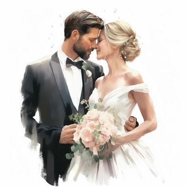 Hand drawn, watercolor, hyper realistic, white background, white margins, 16k, ultra detailed clipart, cut out image, hand - drawn, ultra HD, sharp and clean art, bride and groom