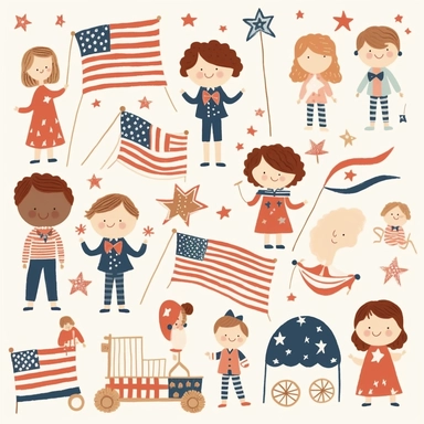 American flag clip art pack, boho, kids, play, vector, illustration, simple, white background, white space