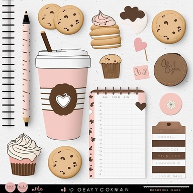 cookie clipart, to do list clipart, planner clipart, stationary, coffee cup, pink and white, c20, no words or letters, no numbers, V5