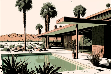 midcentury brutalist house and swimming pool in palm springs, 1960's, happy, friendly, washingtonia palms, low camera angle, pool, bob peak, letraset clipart, slim arrons
