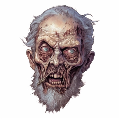 an undead zombie head with a beard, angry expression, pastel, photorealistic, hyper realistic, ultra high-detail, dark outlines, white background, clipart,
