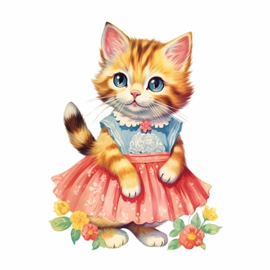 50s vintage kitsch cat illustration clipart, watercolor, Hand drawn painting, isolated on white background, watercolor illustration by katie daisy, highly detailed, white background for removing background - - no text shadow font watermark
