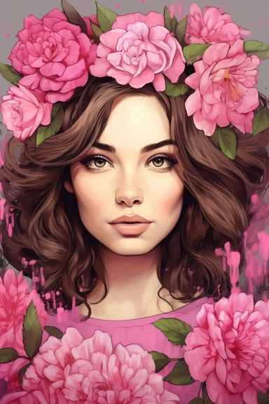 portret of a beautiful woman, brown hair, dressed in peonies floral headdress, freckles, style by Lusy Fleming, folk art, watercolor, clipart elements, smooth gradients, black contour outline, ultra detailed, colorul background, super clear, high quality