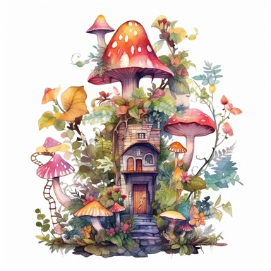 watercolor colorful clipart of a whimsical fairy garden, hd, on white background