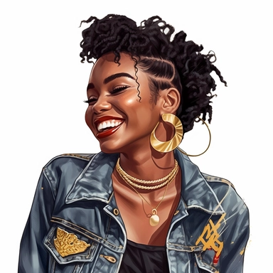 Fashion clipart, Fashion Graphics, beautiful curvaceous Black woman, denim jacket, large gold bamboo hoop earrings, smiling, joyous, fashion accessories rings, Cuban link jewelry