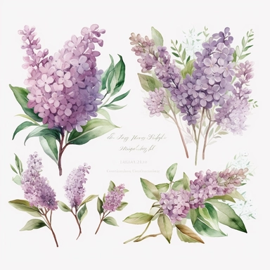 Create a collection of watercolor lilac clipart, capturing the beauty of lilac flowers in a springtime setting. The clipart should showcase lilac bouquets and arrangements in varying shades of purple, reflecting the enchanting nature of these spring flowers. Use a watercolor painting technique to infuse the clipart with a soft, delicate, and artistic feel. Incorporate details such as individual blossoms, leaves, and stems to add depth and realism to the illustrations. The clipart should be versa