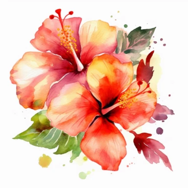 Watercolor Tropical Hibiscus Clipart by Thomas W. Schallerof: A vibrant and exotic design featuring tropical hibiscus flowers in shades of pink, orange, and red on a white background. The flowers are different-size and bold, while the leaves are thick and tropical, creating a lively and festive composition