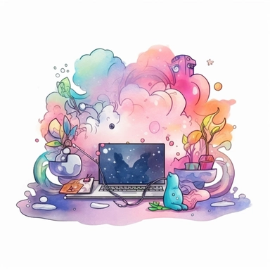 studio logo of programming colorful code getting out of a computer's screen clipart , boho style, in style of Watercolor and ink outline