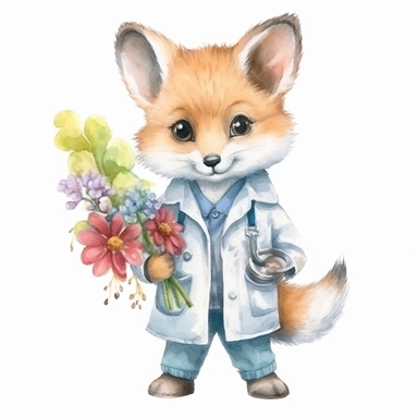 watercolor clipart, white background, very cute baby fox, in style doctor, In a doctor's coat, White medical cap on his head, in the paws a bouquet of flowers, high solution